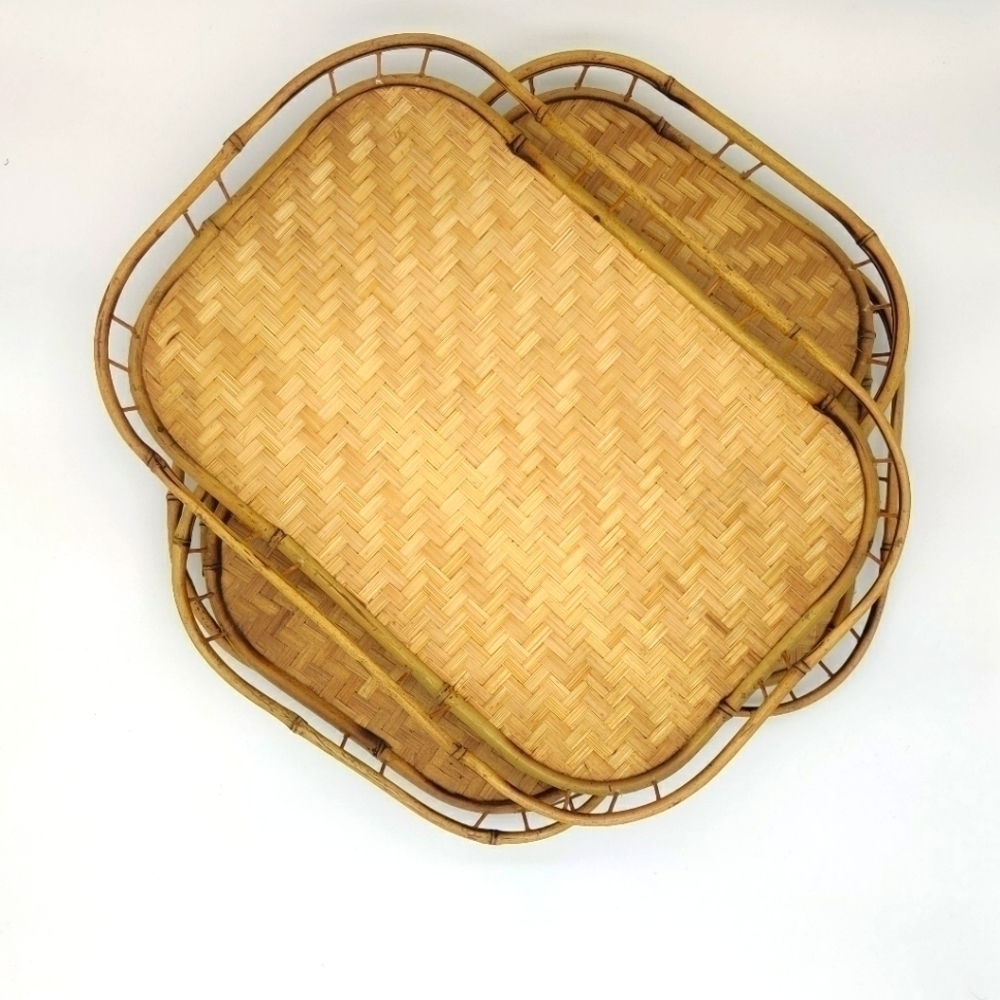 Vintage bamboo rattan trays 1960s boho